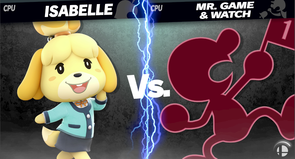 Larry vs Mayor Pomeranian on the versus screen, Larry is a red Mr Game & Watch, the same as CBT Demon.